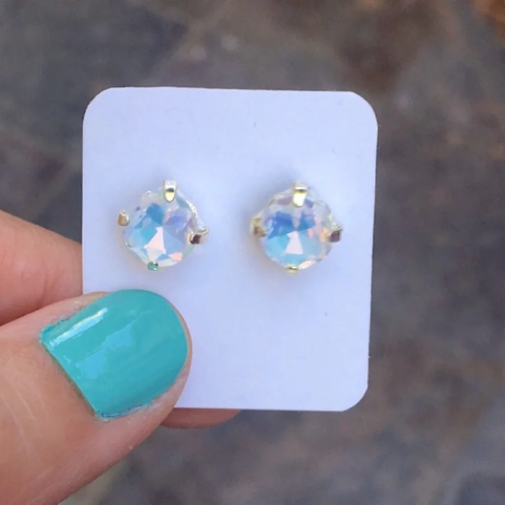 White Opal Aurora Borealis + Silver Crystal Stud Earrings